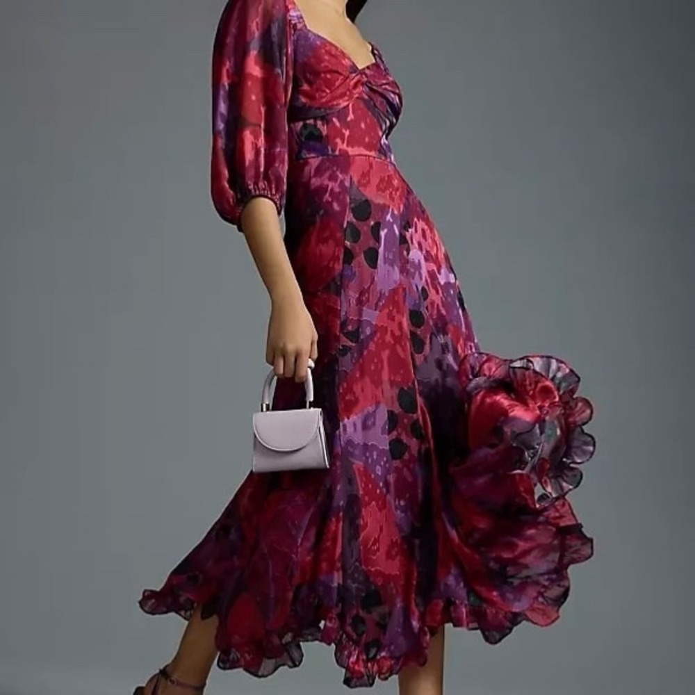 NWT Hutch Anthropologie Printed Twist-Front Puff Sleeves Dress XSP Purple Red